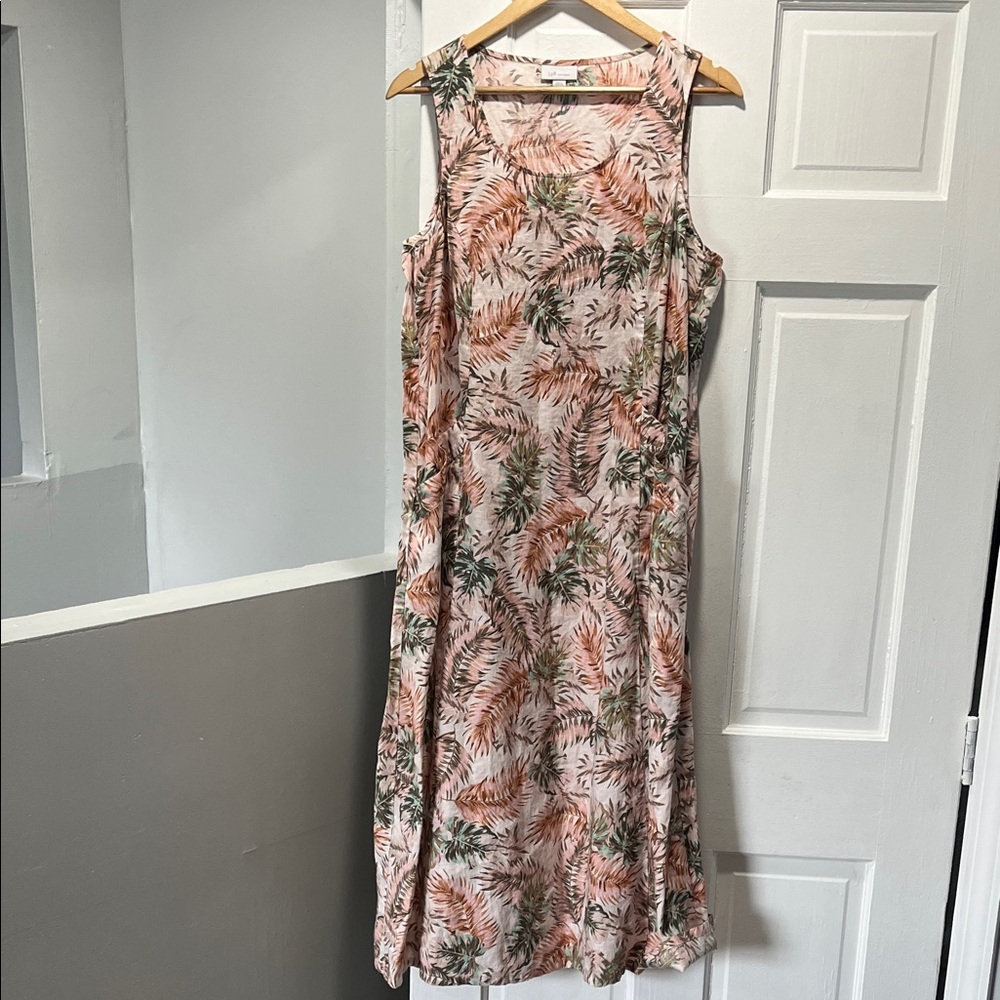 J Jill Love Linen Sleeveless - Pink and Green Tropical Print Dress with pockets